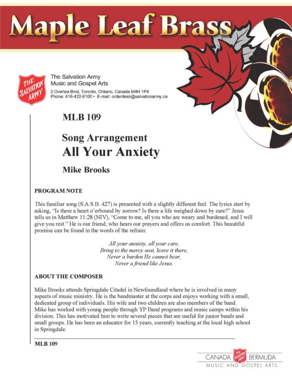 MLB #109 – SONG ARRANGEMENT – ALL YOUR ANXIETY (MIKE BROOKS) PDF VERSION
