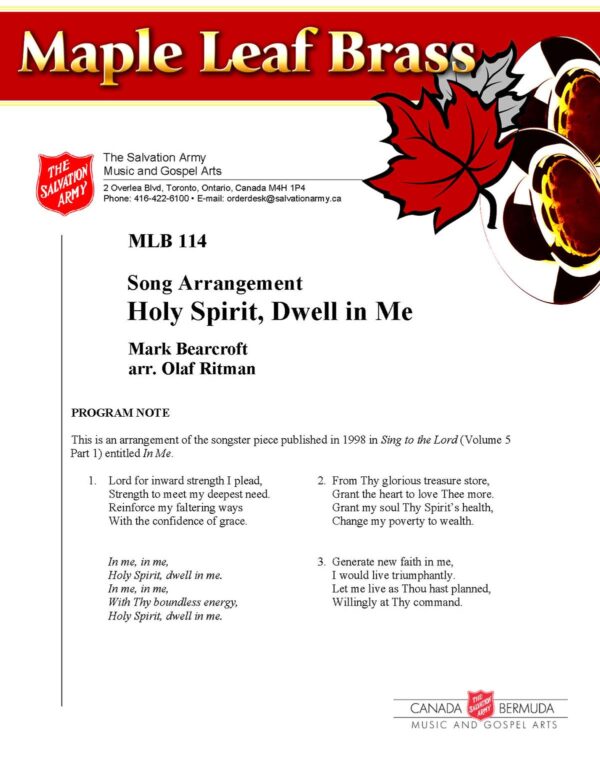 MLB #114 – SONG ARRANGEMENT – HOLY SPIRIT, DWELL IN ME (MARK BEARCROFT) – PDF